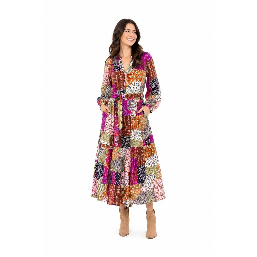 Fate Patchwork Boho Midi Maxi Dress Medium Cotton Belted Tiered Pockets 50"